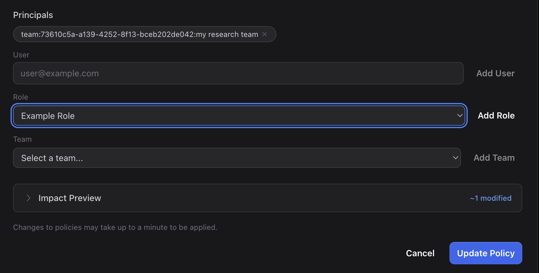 The Roles tab showing roles with a role assignment dialog