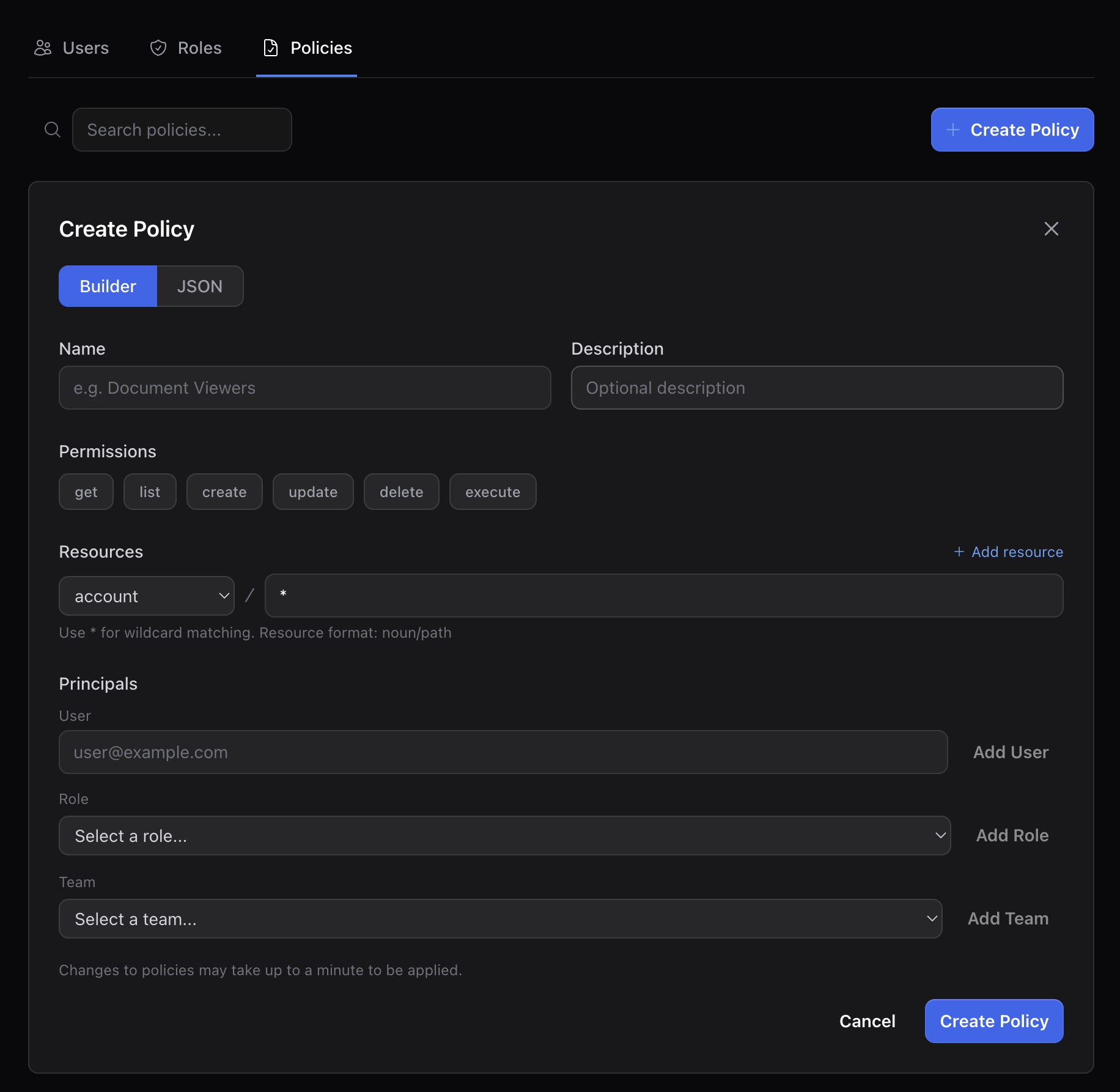 The policy editor form showing fields for name, description, resource pattern, and permission checkboxes
