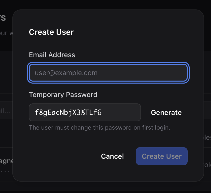 The Add User dialog showing fields for email, temporary password, and role selection
