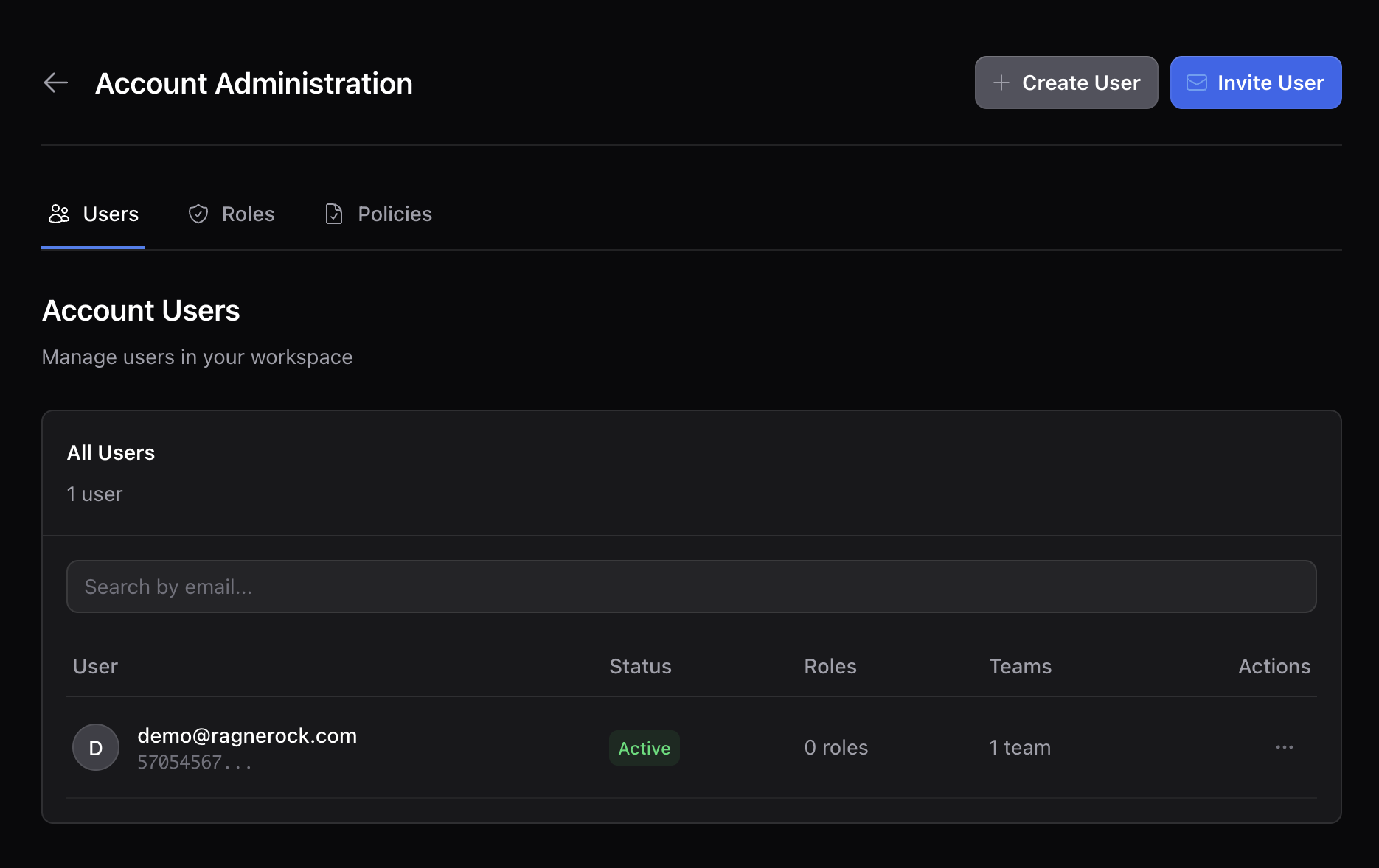 The Users settings page showing a list of users with email, role, and status columns