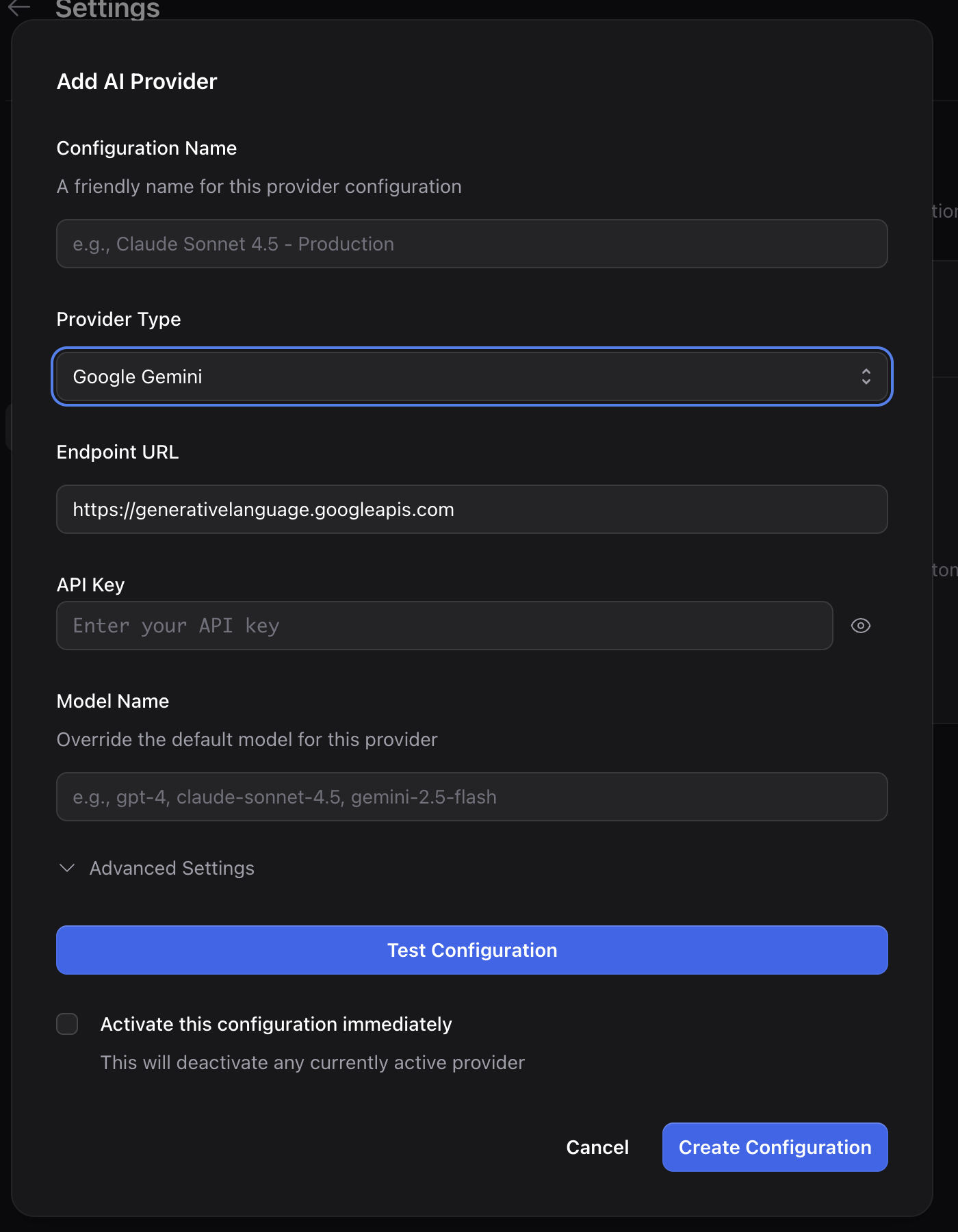 The Add Provider form showing fields for provider type, API key, endpoint URL, and model name