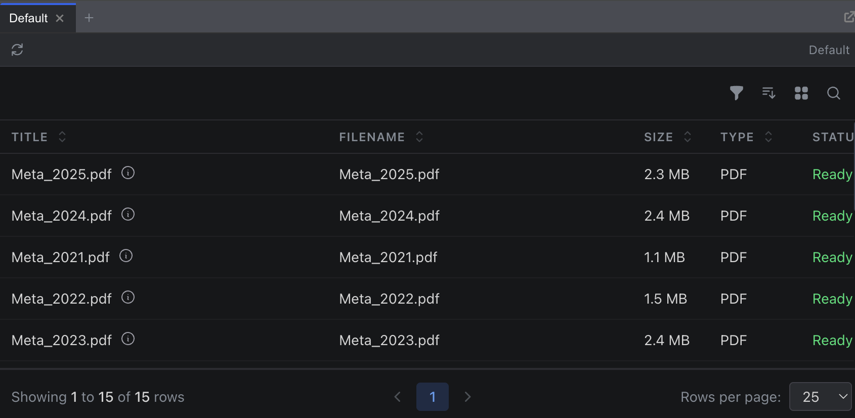 The data explorer panel showing datasets with document counts, a search bar, and files listed with names, types, and dates
