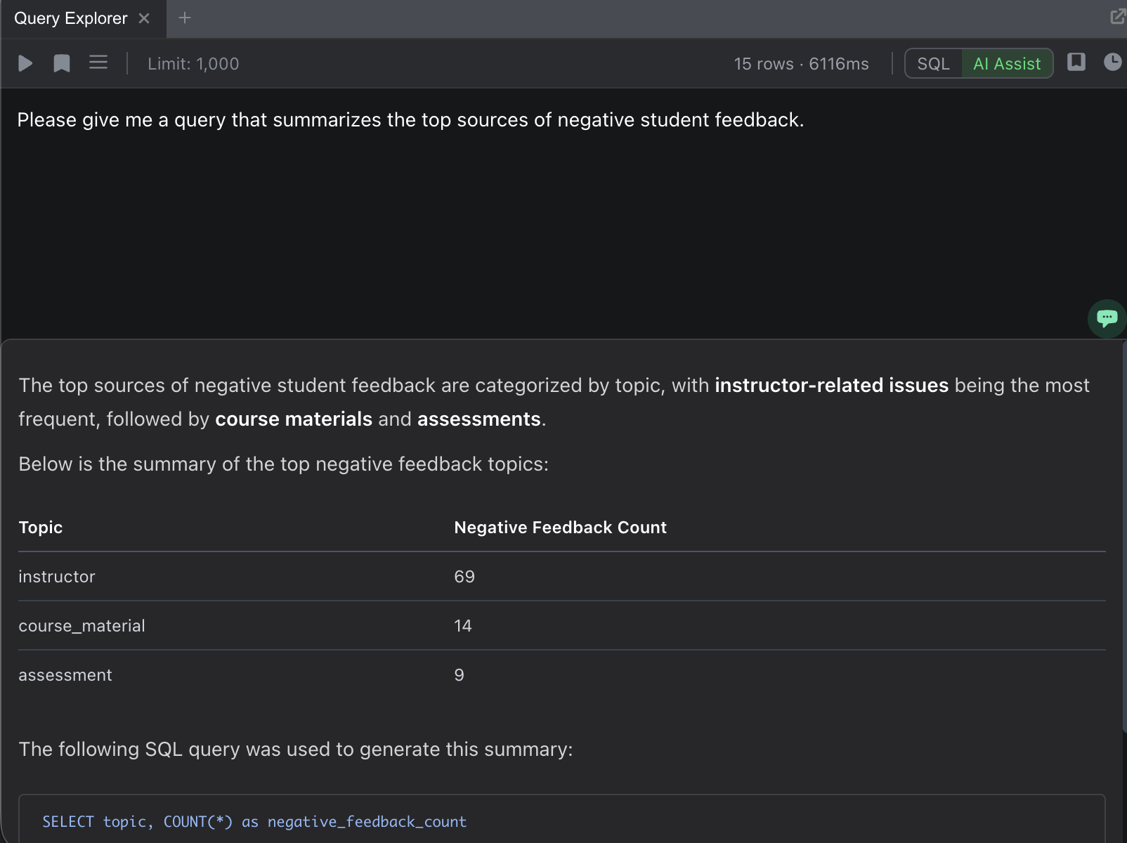 The AI-assisted query mode showing a natural language input and the generated SQL query with explanation