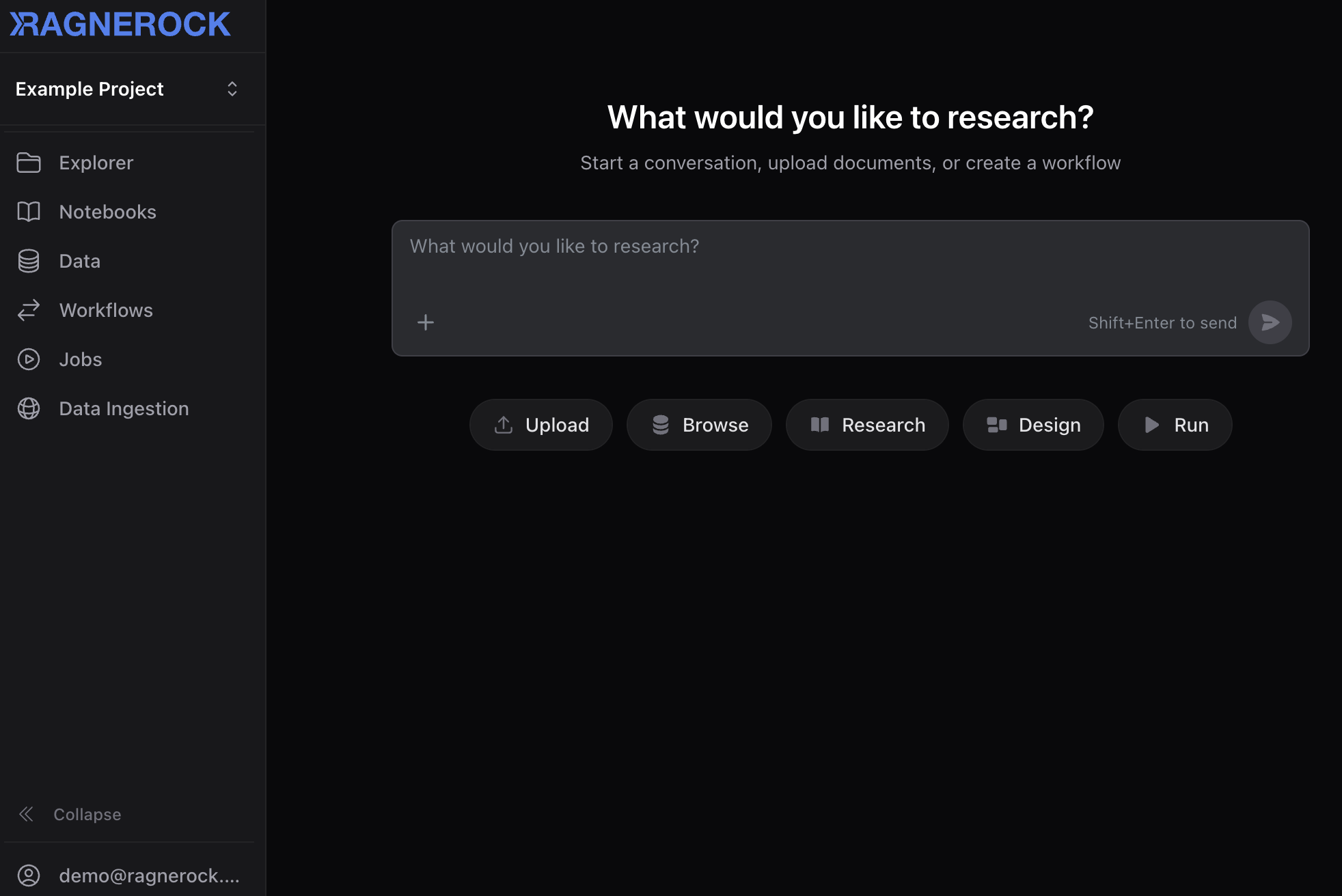 The welcome screen after login, showing the project name in the sidebar and quick action buttons