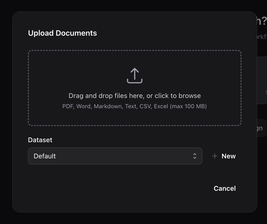 The upload dialog showing the drag-and-drop area with a file ready to upload, the dataset selector, and the Upload button