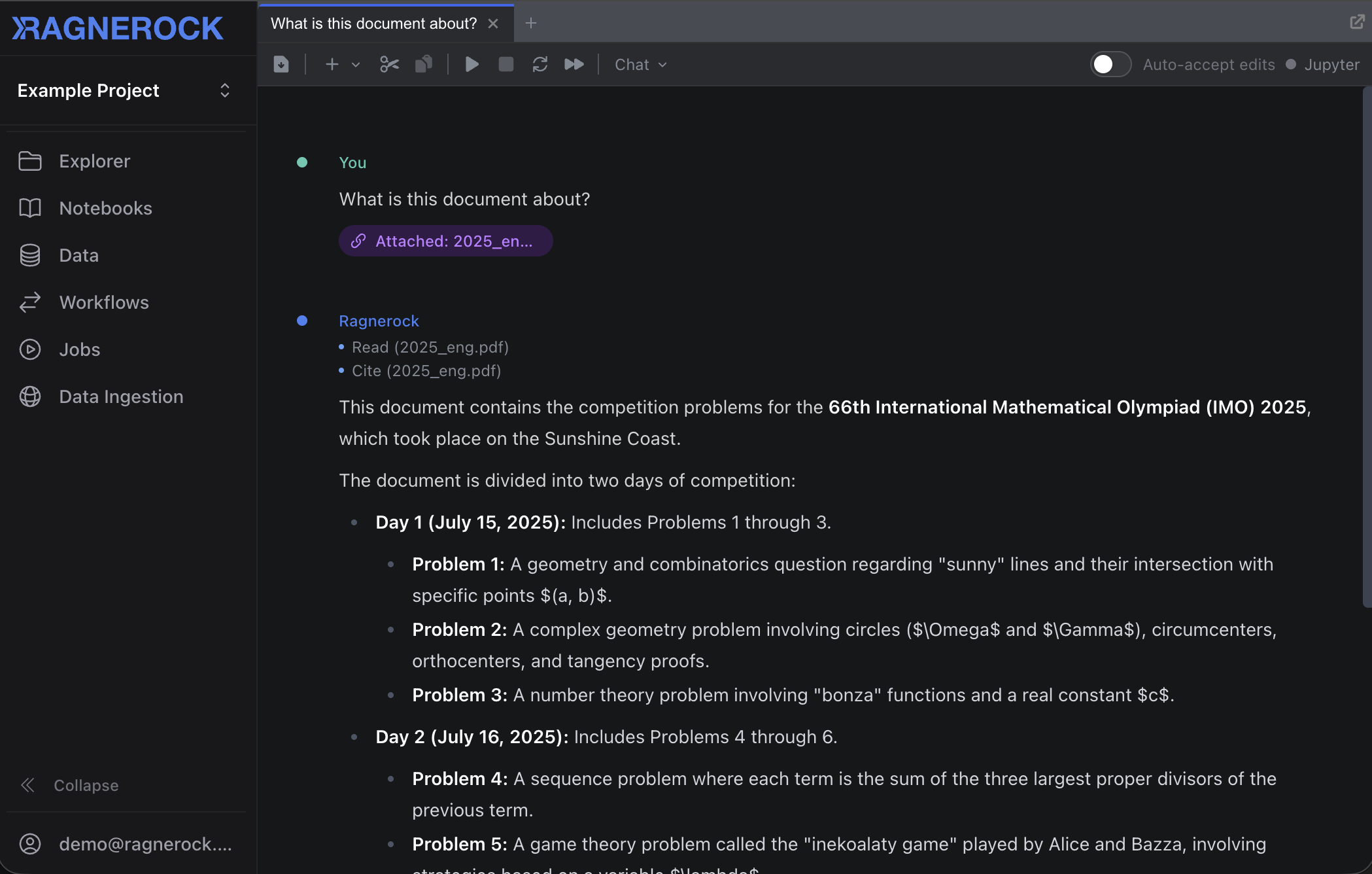 A notebook showing the user's question and the agent's response with formatted text and clickable citation markers