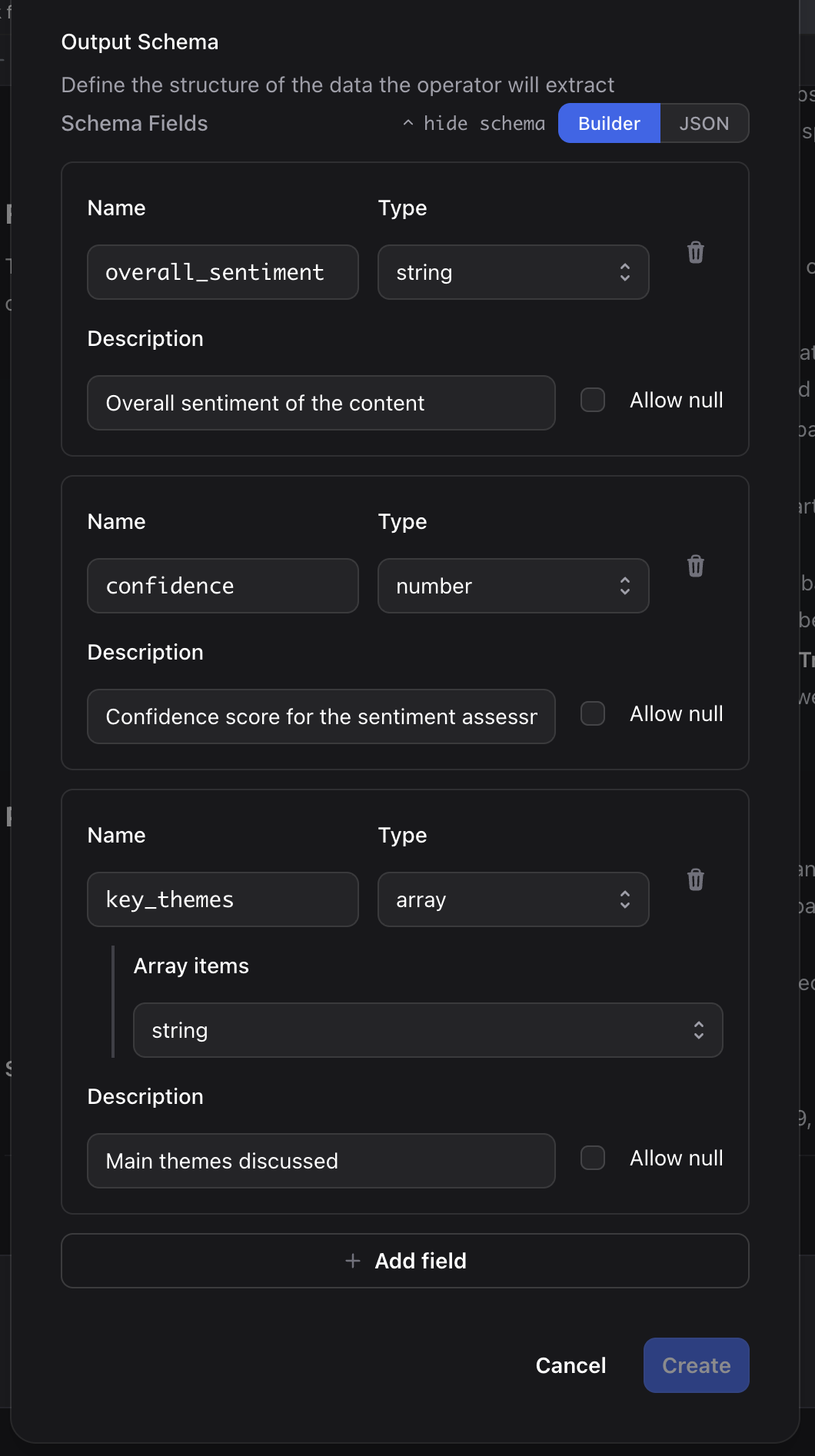 The operator editor form showing all fields filled in: name, description, scope, generation prompt, and JSON schema editor