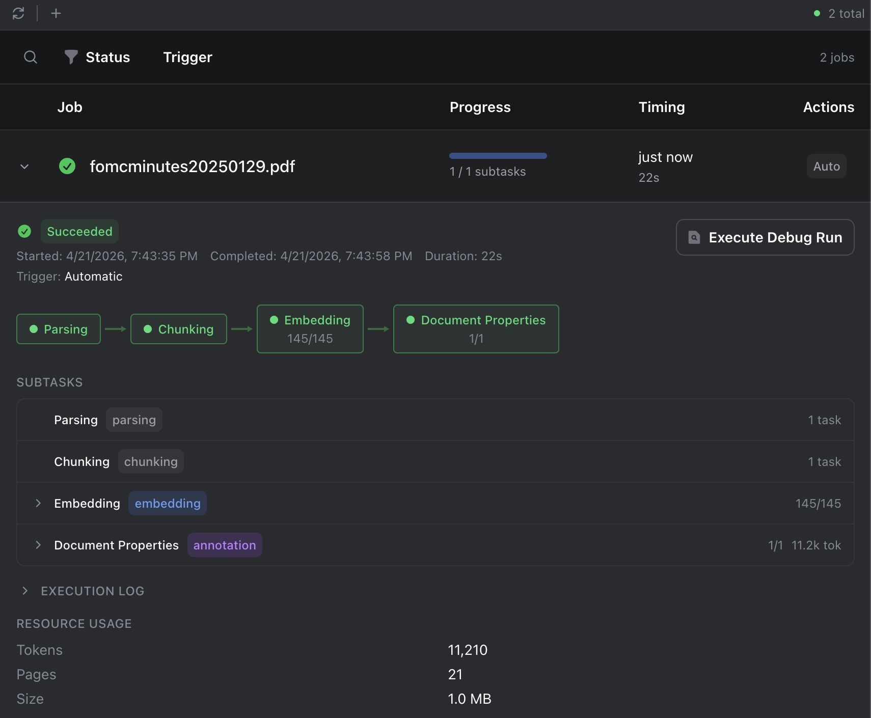 The Jobs dashboard showing a completed workflow job with a green Succeeded badge and per-document subtask list