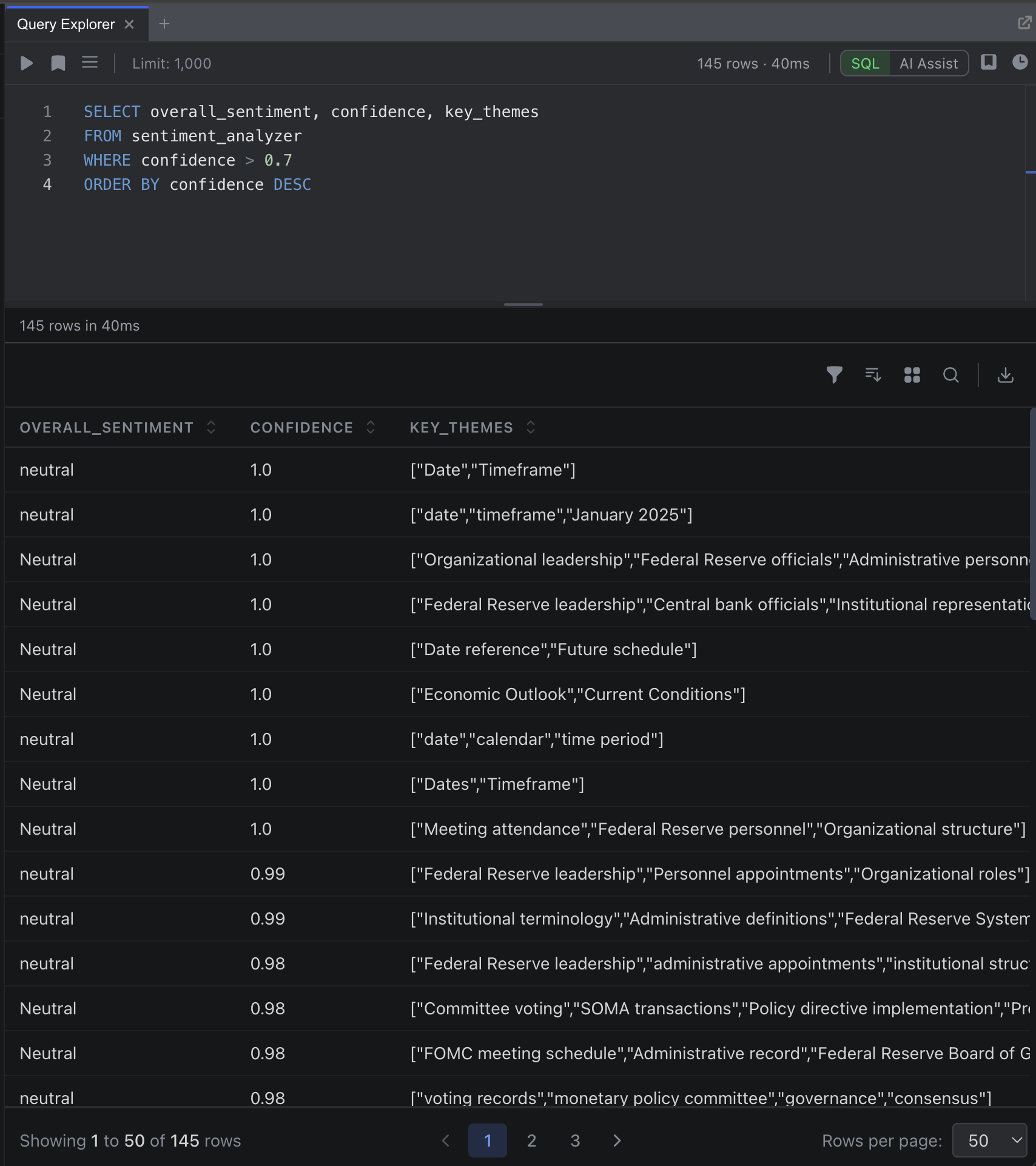 The Query Explorer showing a SQL query in the editor and results table below with document names, sentiment values, and confidence scores