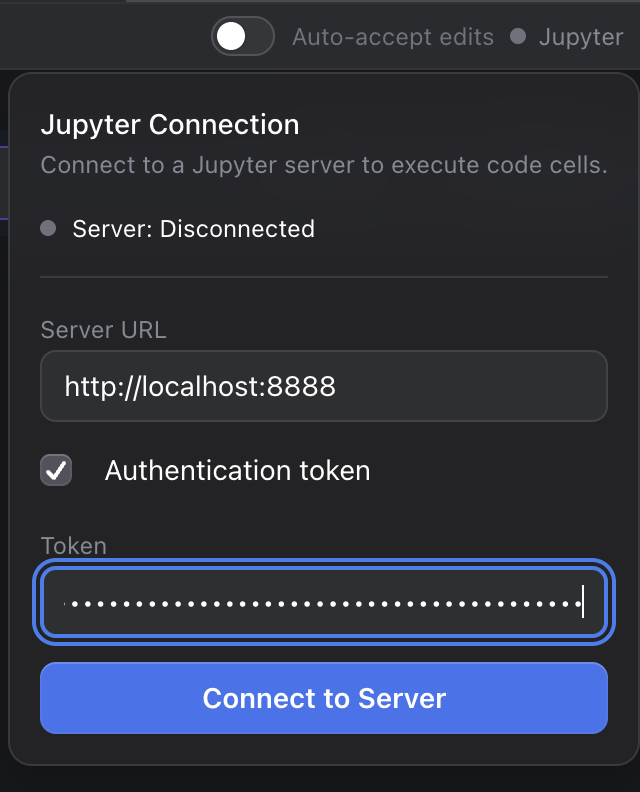 The Jupyter connection dialog in Ragnerock showing host URL and token fields with a Connect button