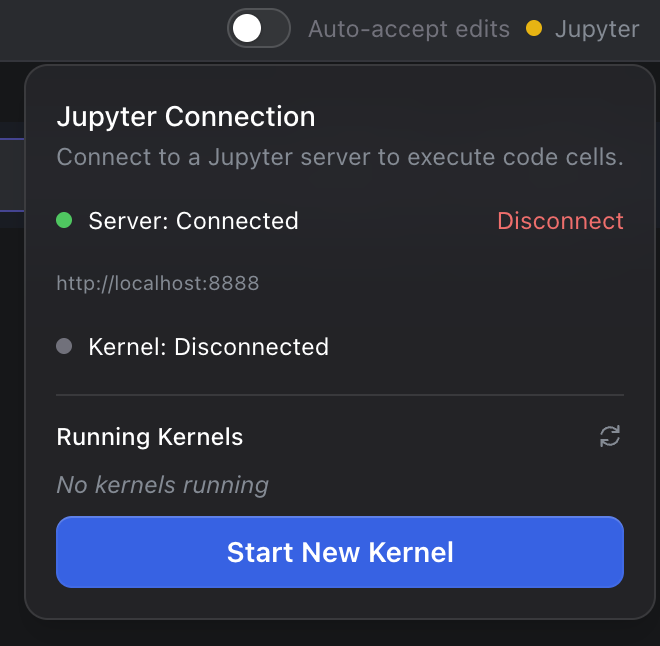 The kernel selector showing a Start a kernel button and a list of existing kernels