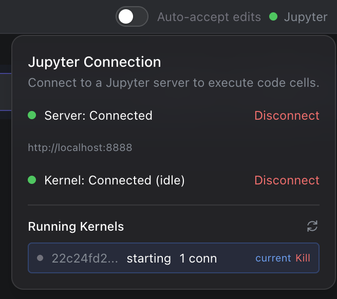 The notebook toolbar showing a green connected indicator for the Jupyter kernel