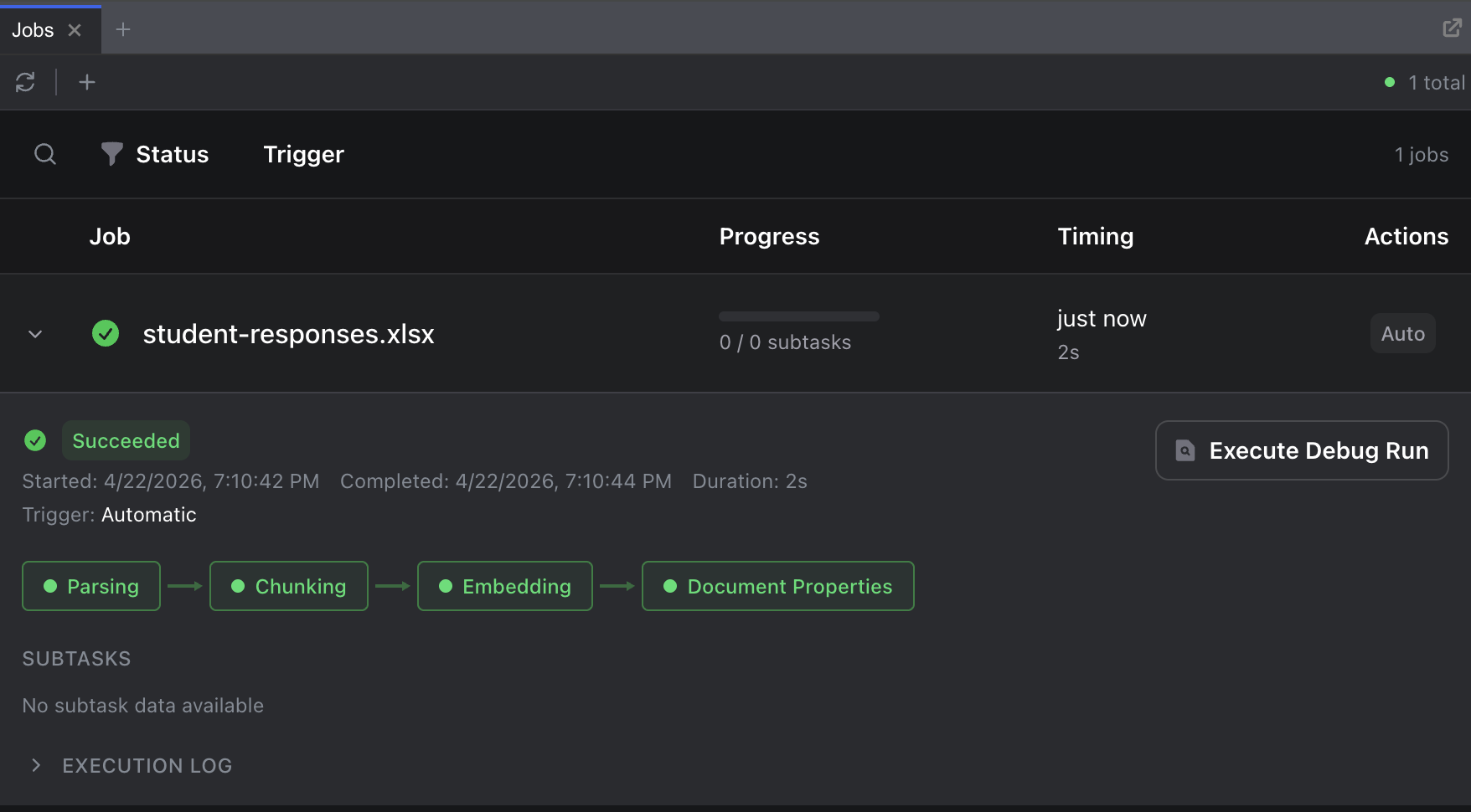 The Jobs dashboard showing the uploaded Excel file with Succeeded status