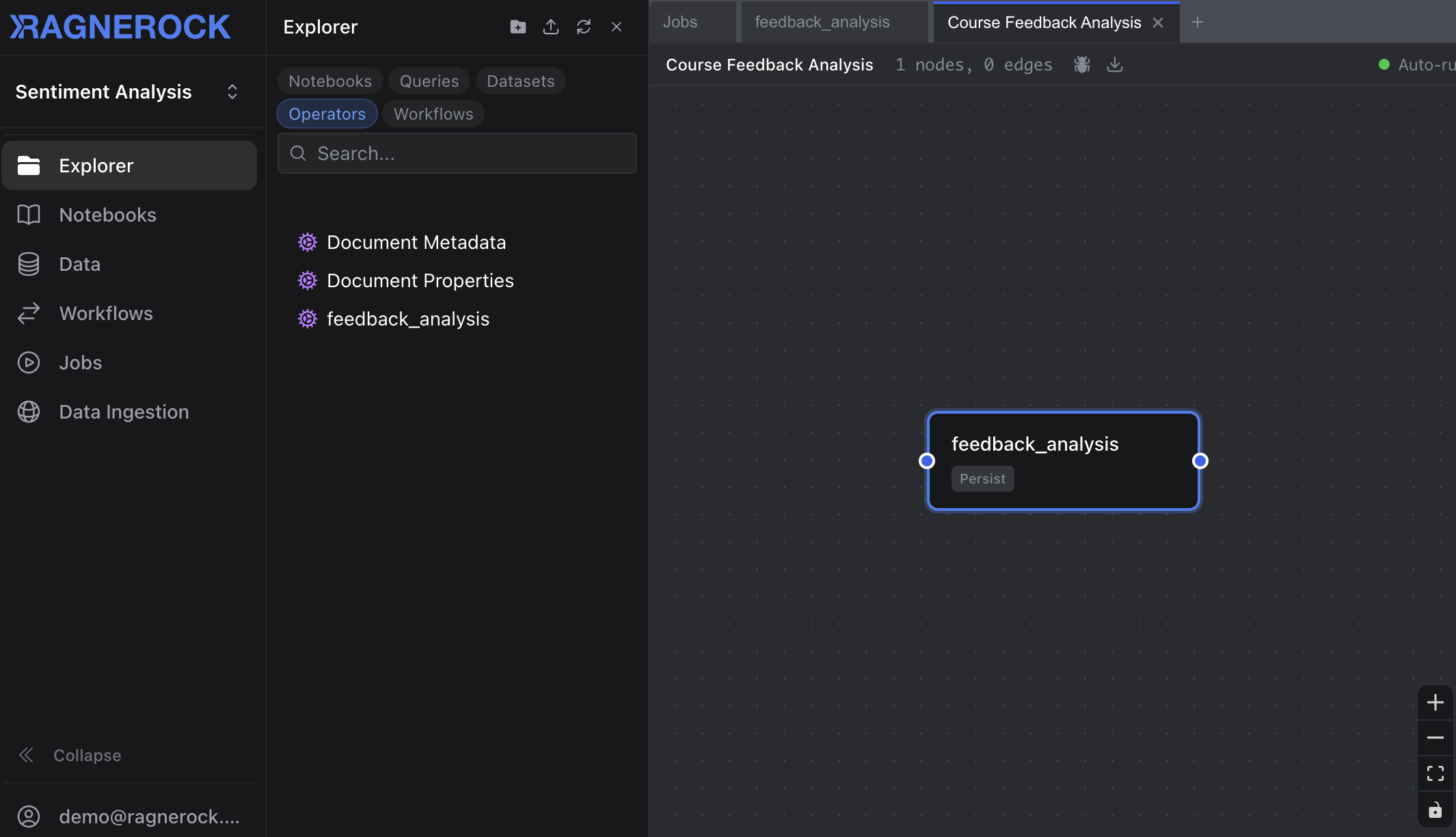 The visual workflow editor showing an operator node on the canvas