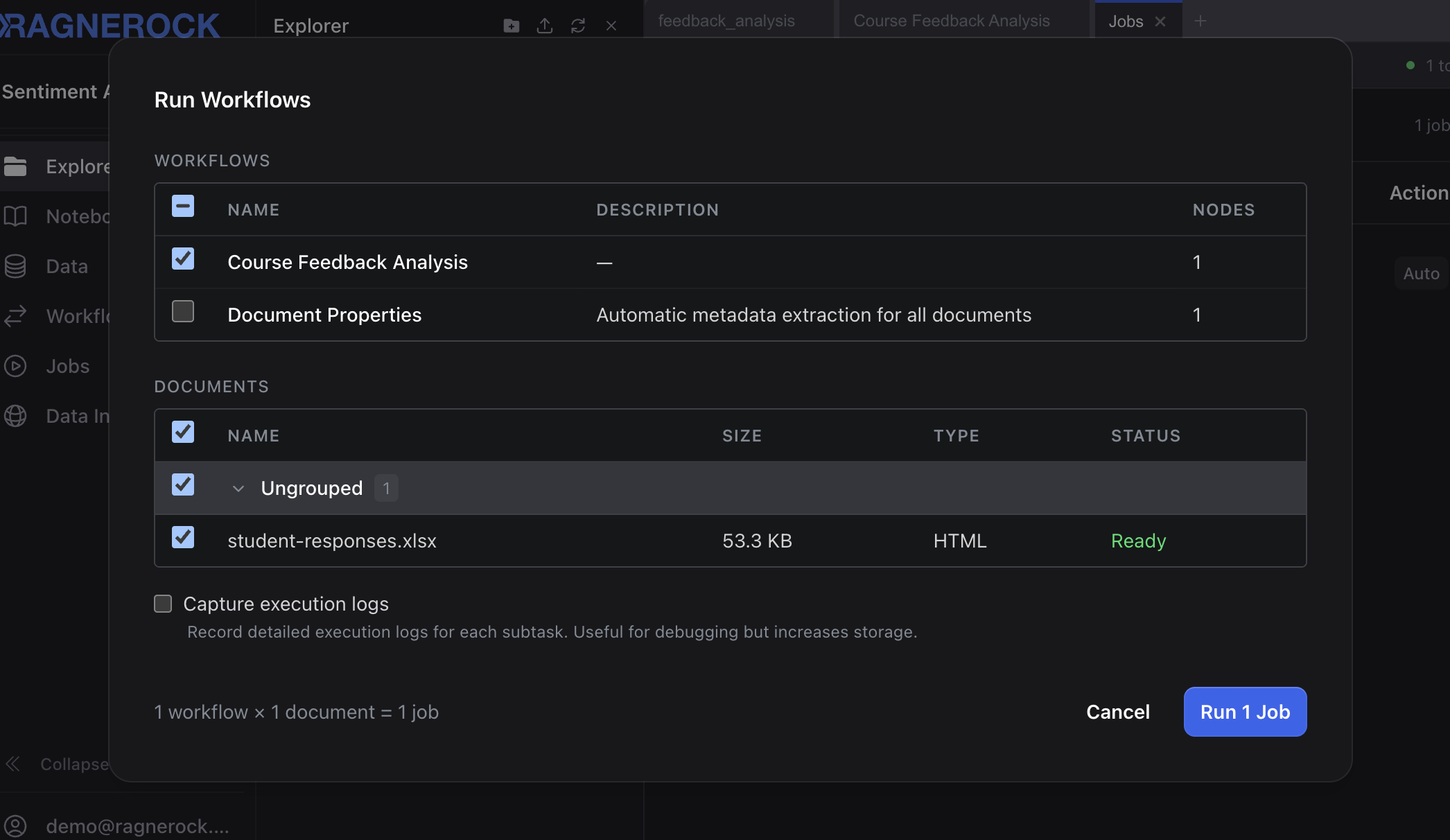 The run workflow dialog showing the Excel file selected and the Run Workflow button