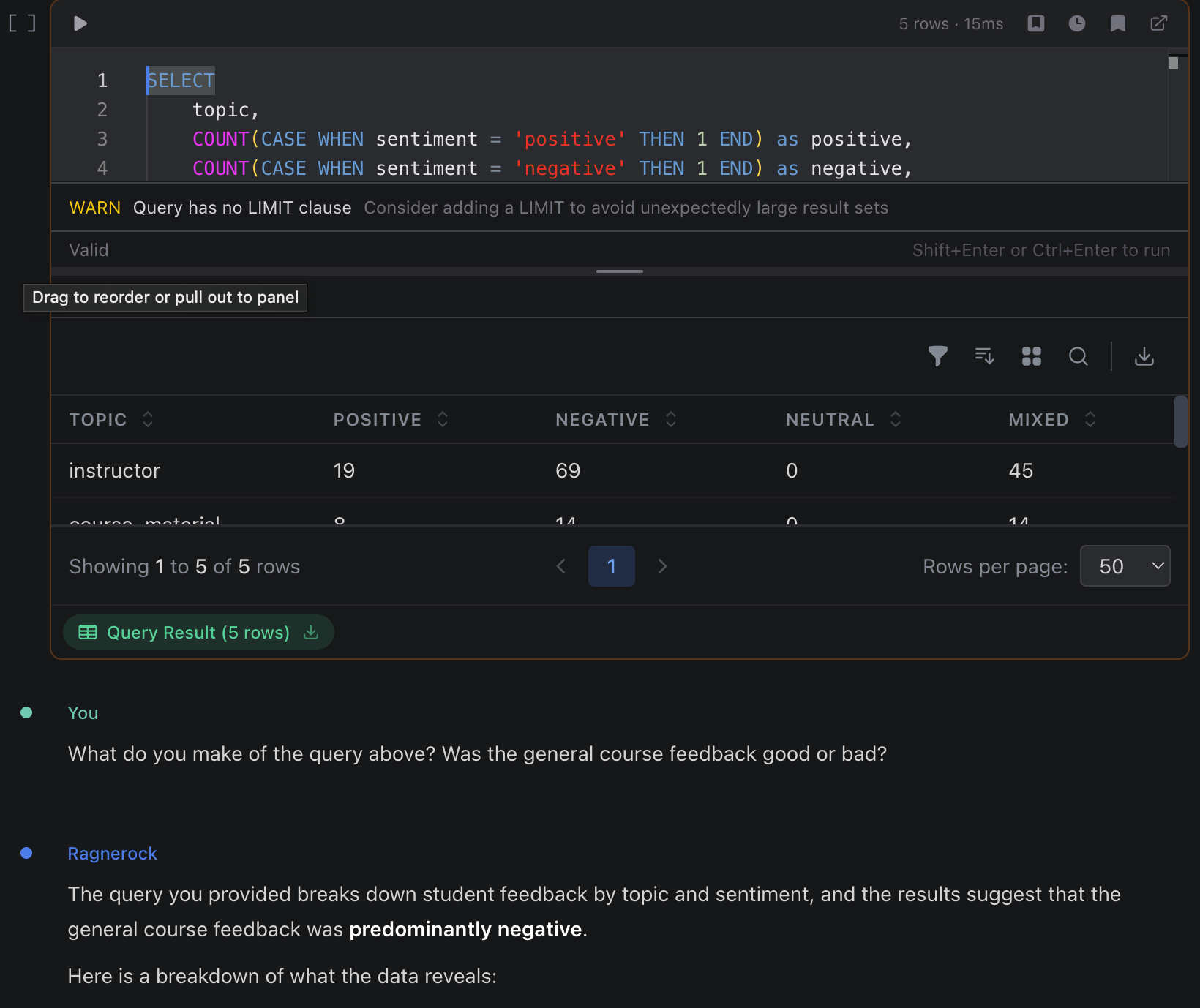 A notebook showing a query cell with results and a chat cell where the Research Agent discusses the query output