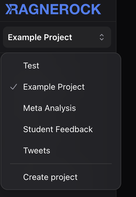 The project selector dropdown in the sidebar showing a list of projects with a "New Project" button at the bottom