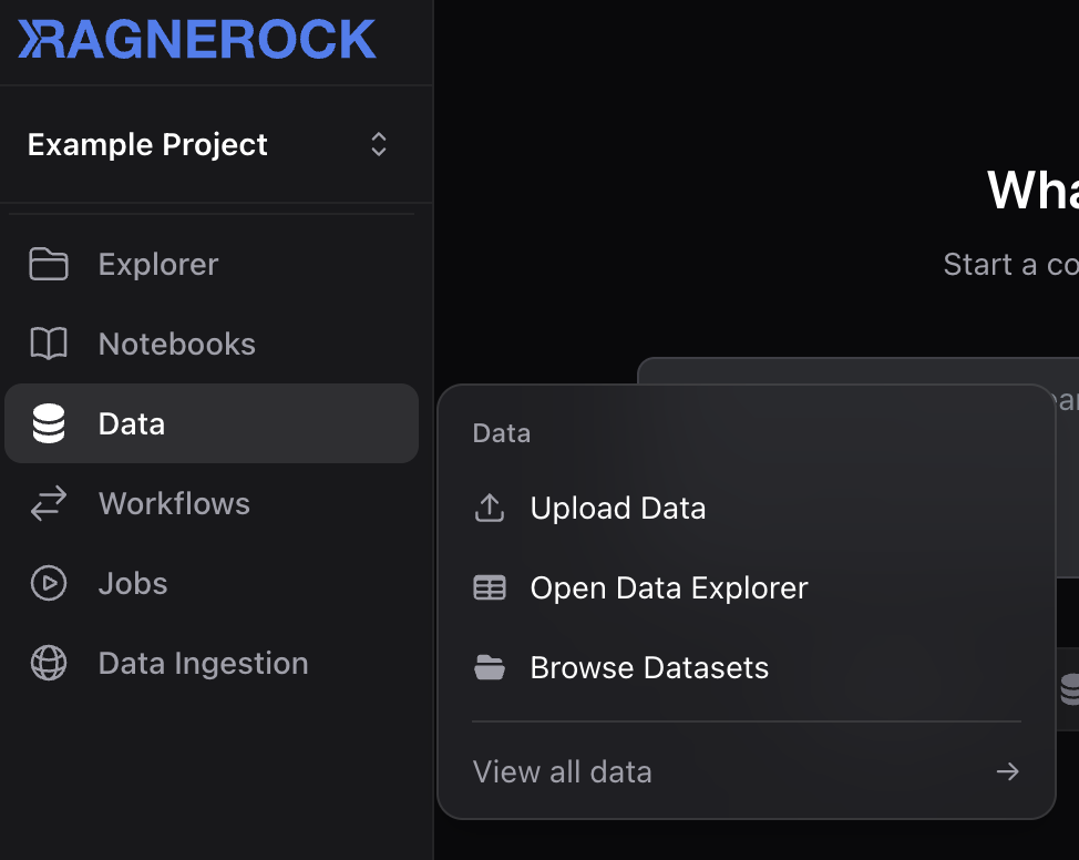 The upload dialog showing a file selected for upload, with fields for document name and dataset assignment, and an "Upload" button