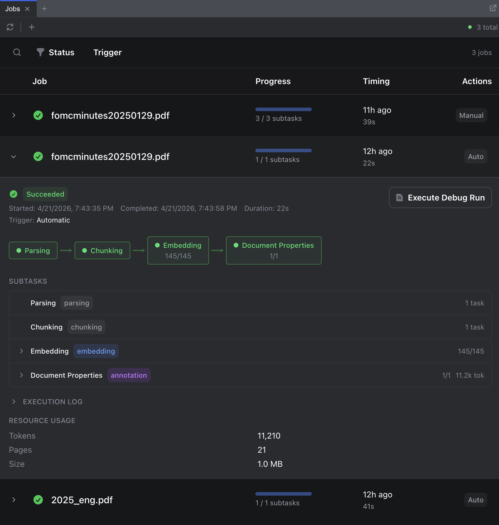 The Jobs dashboard showing a processing job with timeline, status indicators, and per-document subtask details