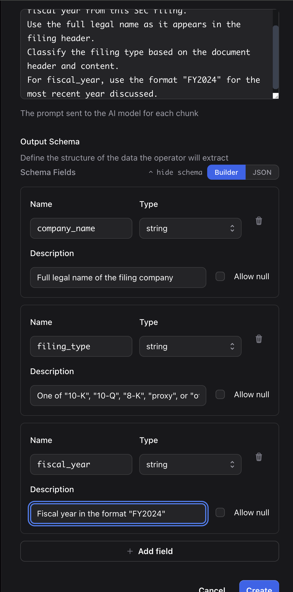 The operator creation form with the schema builder showing the three fields configured